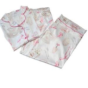 Sheshow Tea Party Coquette Satin Women's Pajama Set Sz 2XL